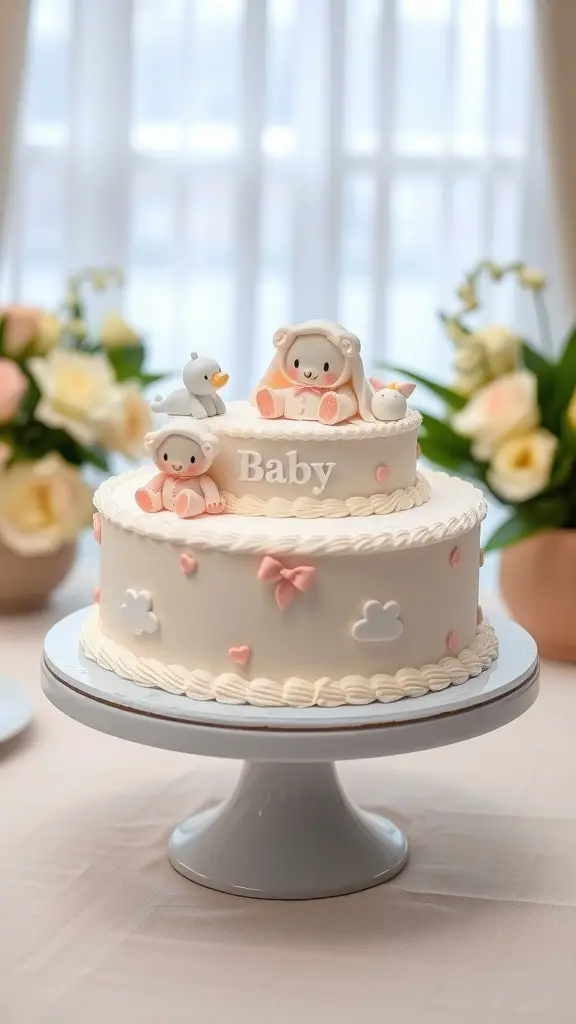 27 Creative Baby Shower Ideas for an August Celebration 6 A two-tier baby shower cake decorated with fondant baby figures, hearts, and clouds.