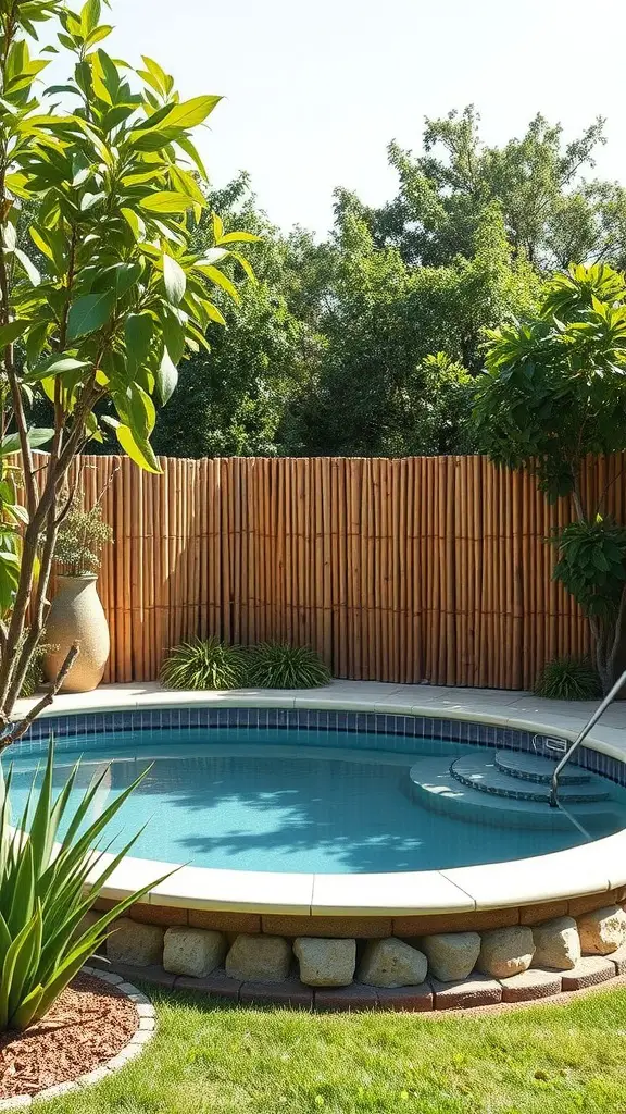 15 Budget-Friendly DIY Ideas for Above Ground Pools 14 A poolside view with a bamboo privacy screen and surrounding greenery