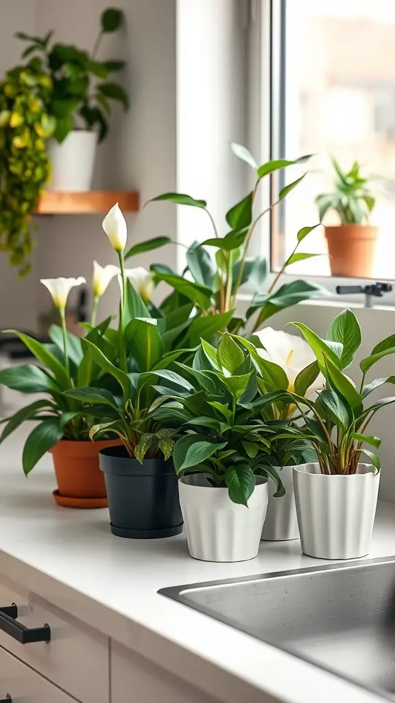 25 Must-Have Kitchen Plants for a Fresh and Green Home 12 A collection of air-purifying houseplants on a kitchen countertop, featuring peace lilies and other leafy varieties.