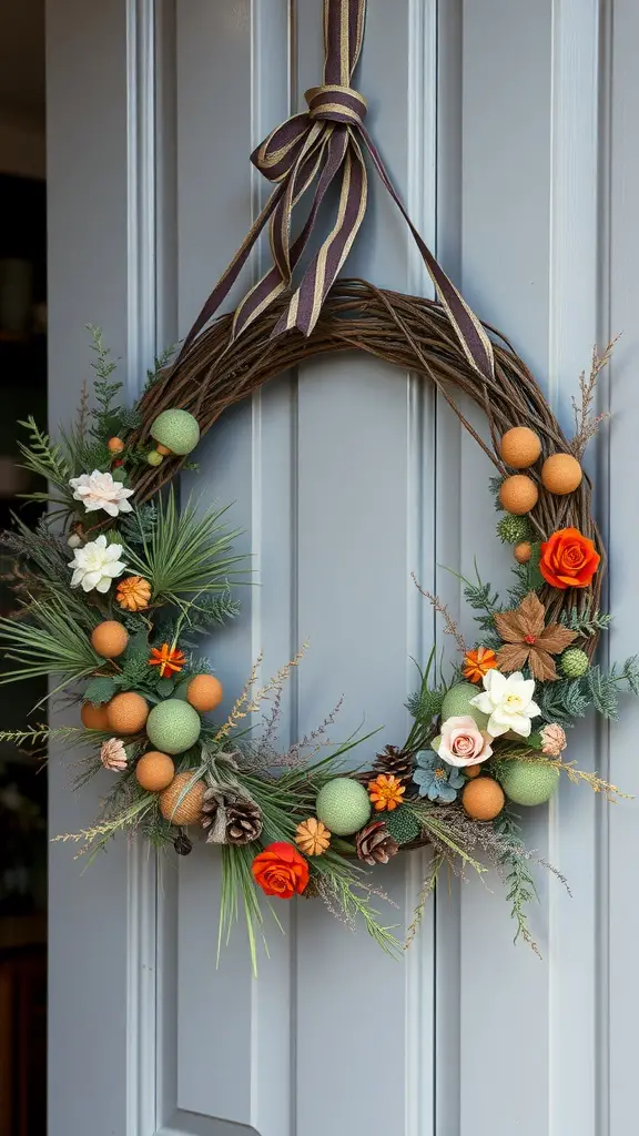 19 Creative Air Plant Display Ideas for Your Home 9 A decorative air plant wreath with green and orange ornaments, flowers, and pinecones, hanging on a gray door.