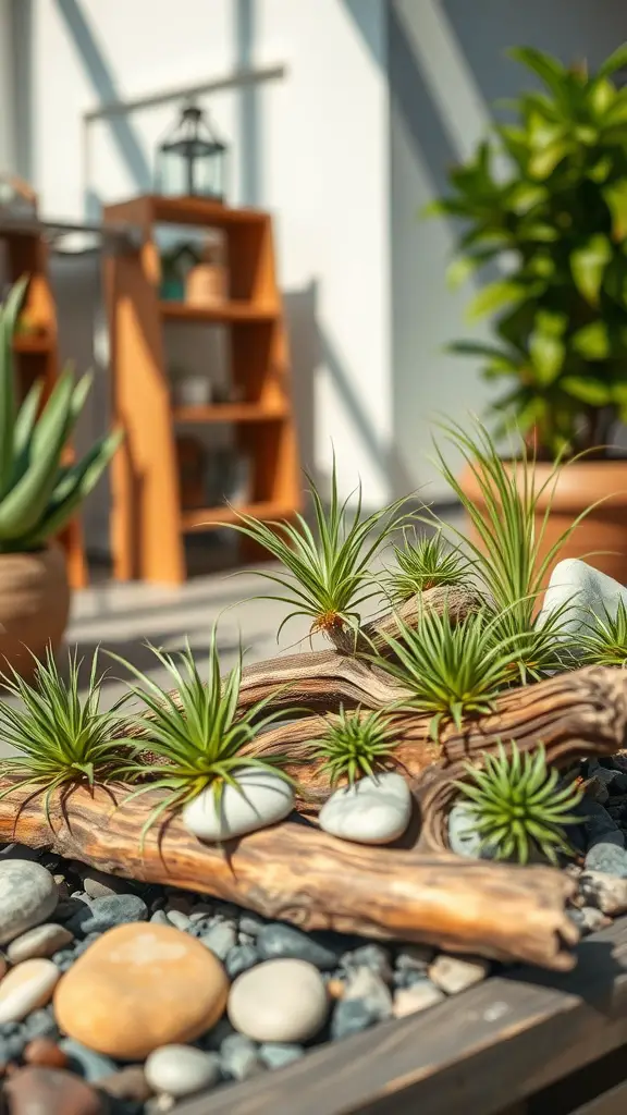 21 Growing Indoor Plant Ideas to Transform Your Space 9 Display of air plants on driftwood with stones, showcasing creative arrangement techniques.