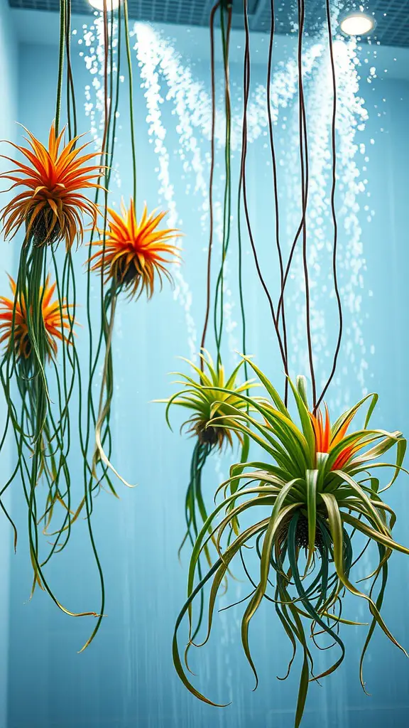 27 Shower Plants Ideas to Transform Your Bathroom into a Green Oasis 6 Hanging air plants in a shower with a light blue background and water droplets