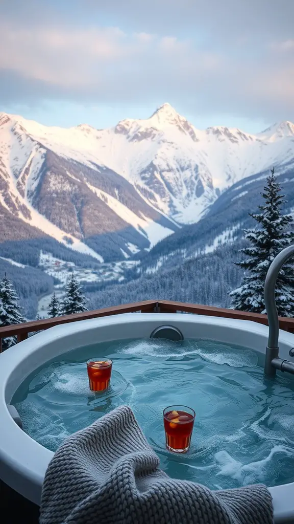 15 Inspiring Outdoor Jacuzzi Ideas for Your Backyard Retreat 9 Jacuzzi with mountain view, two drinks, and a cozy blanket.