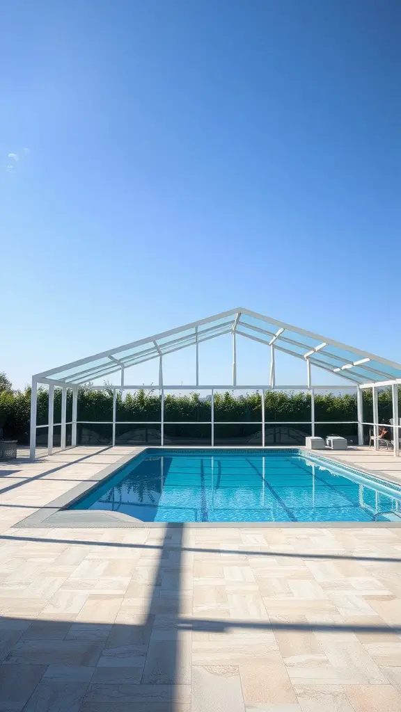 21 Creative Pool Equipment Enclosure Ideas for Your Backyard 5 A spacious pool area featuring an aluminum frame enclosure, showcasing bright blue water and a clear sky.