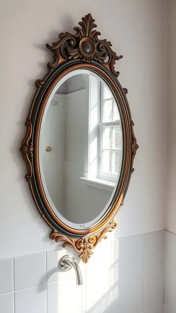 25 Charming Cottage Style Bathroom Ideas to Inspire Your Next Renovation 11 Antique oval mirror with an ornate wooden frame in a cottage style bathroom