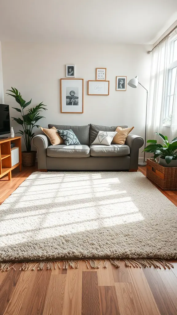 21 Creative Dorm Living Room Ideas to Maximize Space 4 Cozy living room with a light-colored area rug under a grey sofa and decorative pillows.