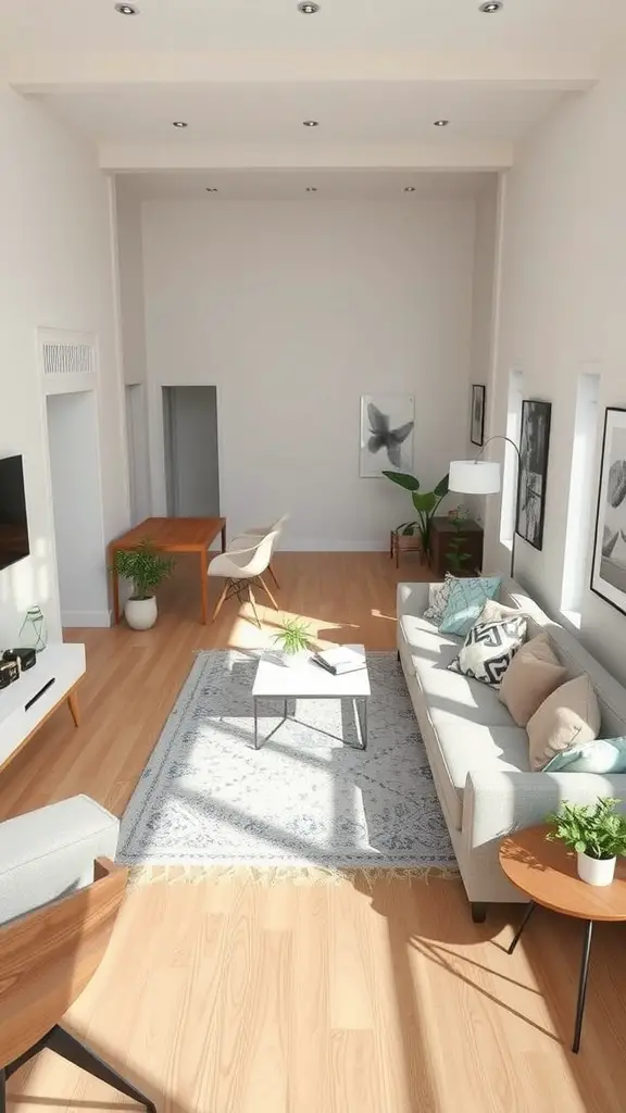 21 Stylish Small Living Room Ideas to Maximize Your Space 7 A well-arranged small living room with a light sofa, wooden floors, and a central coffee table.