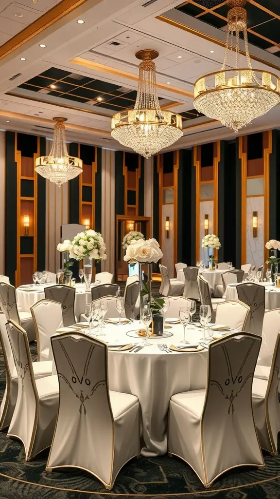 27 Enchanting Vintage Wedding Theme Ideas to Inspire Your Big Day 10 A beautifully decorated banquet hall featuring elegant chandeliers, round tables with white linens, and luxurious accents in an Art Deco style.