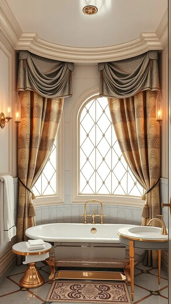 17 Charming Cafe Curtain Ideas for Your Bathroom Style 15 A luxurious bathroom featuring elegant Art Deco style cafe curtains, a clawfoot bathtub, and warm lighting.
