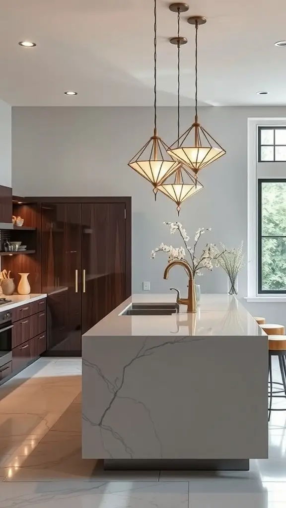 17 Stunning Kitchen Island Pendant Lighting Ideas 11 Three Art Deco inspired pendant lights hanging over a kitchen island.