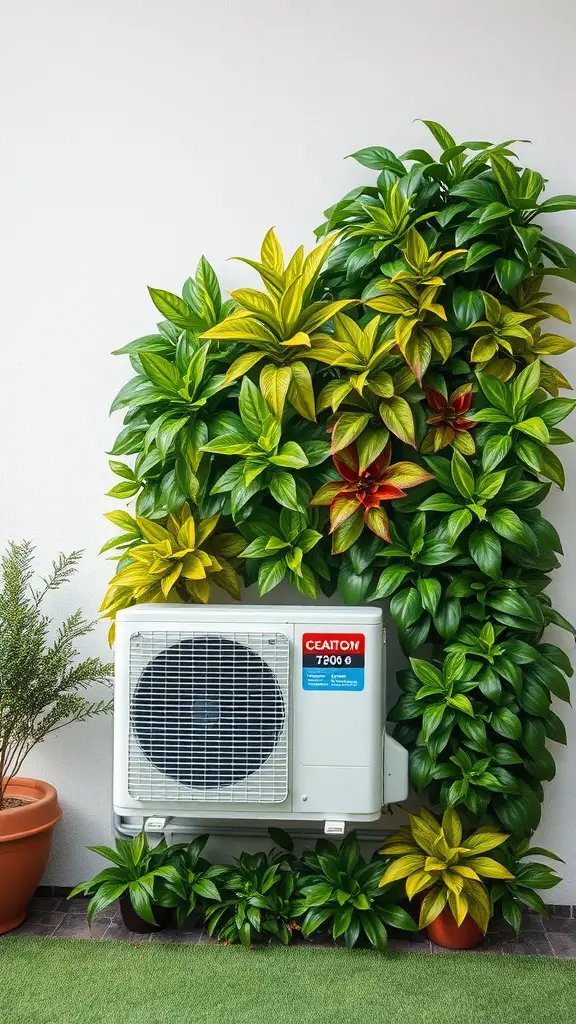 15 Creative Outdoor Ideas for AC Unit Covers 4 Outdoor AC unit surrounded by an artificial plant wall, featuring vibrant green and colorful leaves.