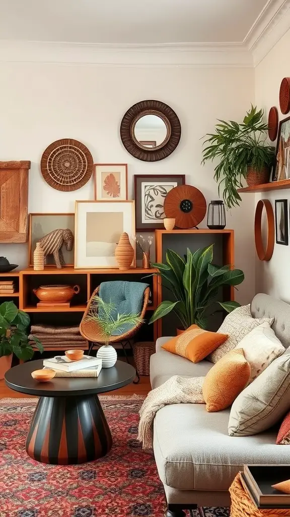 17 Cozy Maximalism Ideas to Transform Your Space 15 A cozy living room featuring artisan-made decor pieces, including warm-colored vases, mirrors, and plants, creating a welcoming atmosphere.