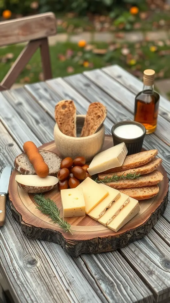 An artisan bread and cheese board featuring various cheeses, breads, olives, and herbs on a wooden platter.