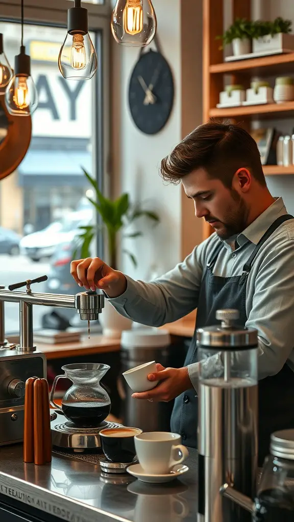 19 Cozy Cafe Ideas to Inspire Your Perfect Coffee Shop Theme 5 A barista brewing coffee at an artisan coffee station with modern equipment.