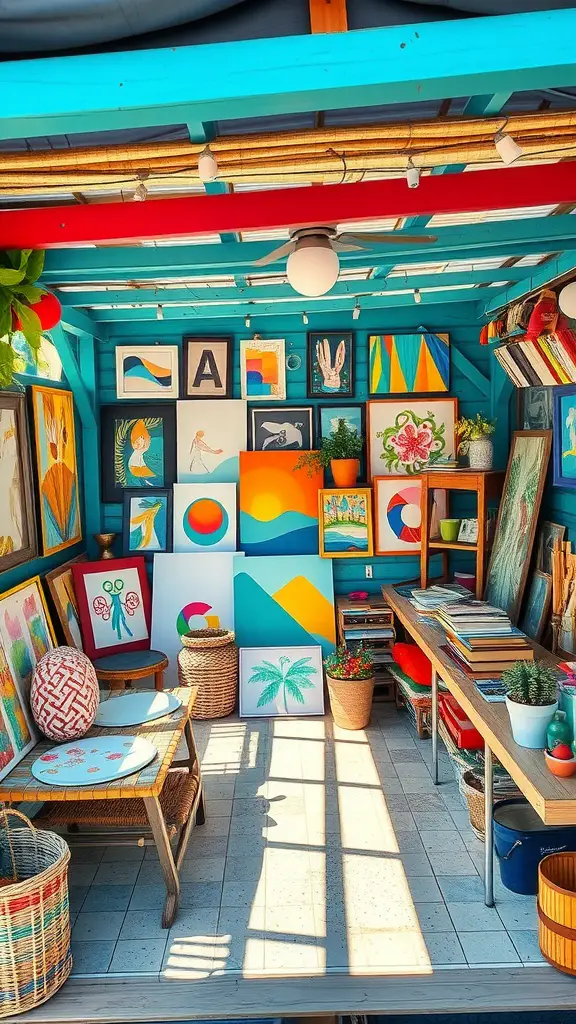 15 Stunning Pool Cabana Ideas for Ultimate Relaxation 13 A colorful artistic cabana filled with various artworks and cozy seating.