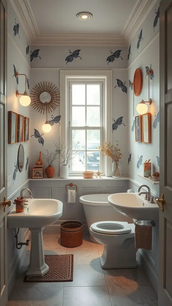 19 Creative Windowless Bathroom Ideas You’ll Love 12 A stylish windowless bathroom featuring artistic decor, wall patterns, and modern lighting.