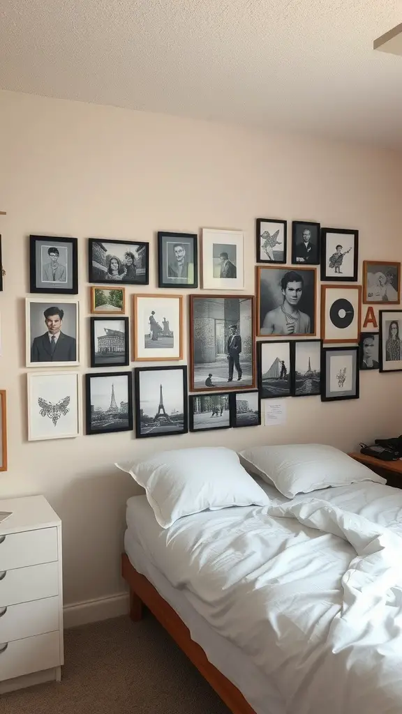 25 Stunning Luxury Dorm Room Ideas to Elevate Your Space 4 A dorm room featuring a gallery wall decorated with various framed black-and-white photographs and artworks.