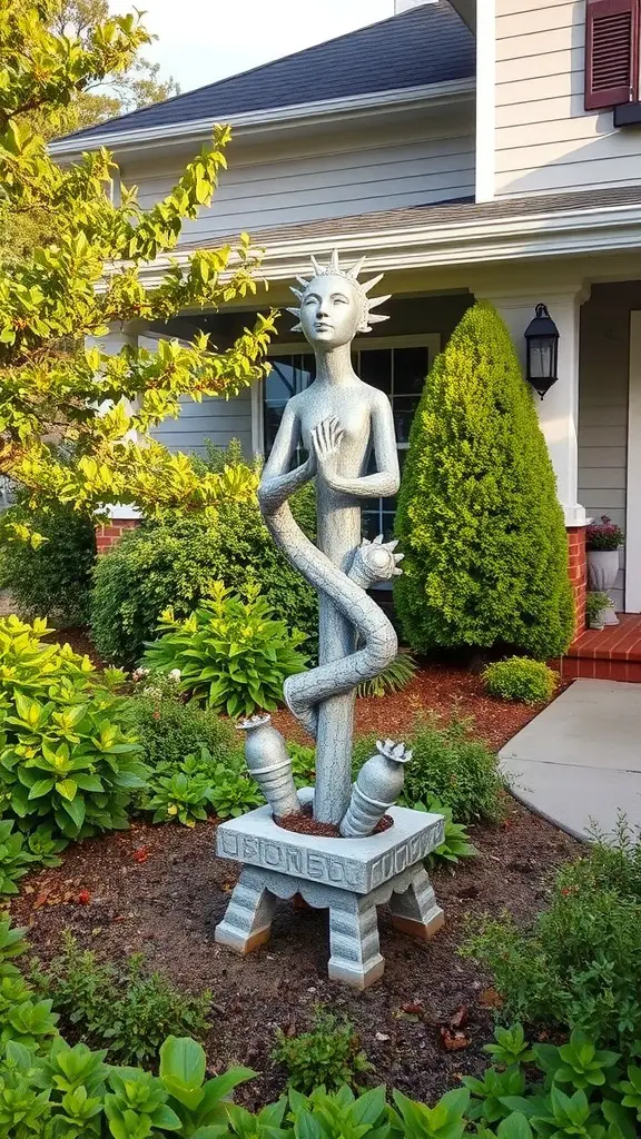 13 Creative Front Yard Landscaping Ideas to Enhance Your Curb Appeal 14 A unique artistic garden sculpture featuring a figure with a silver finish, surrounded by lush greenery.