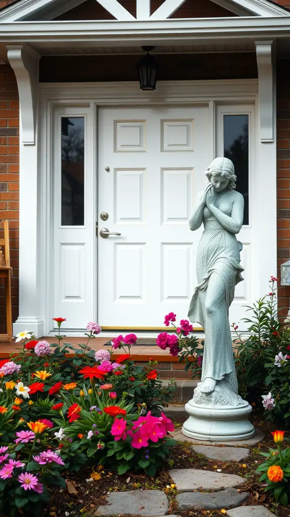 25 Stunning Front Entry Landscaping Ideas for a Welcoming Home 12 A beautiful garden statue of a woman surrounded by colorful flowers at a front entry.