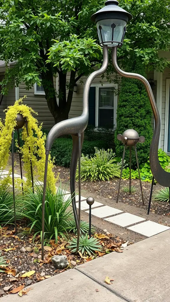 17 Creative Front Yard Fence Ideas You’ll Love 15 A unique metal sculpture resembling a lamp post surrounded by plants in a front yard.