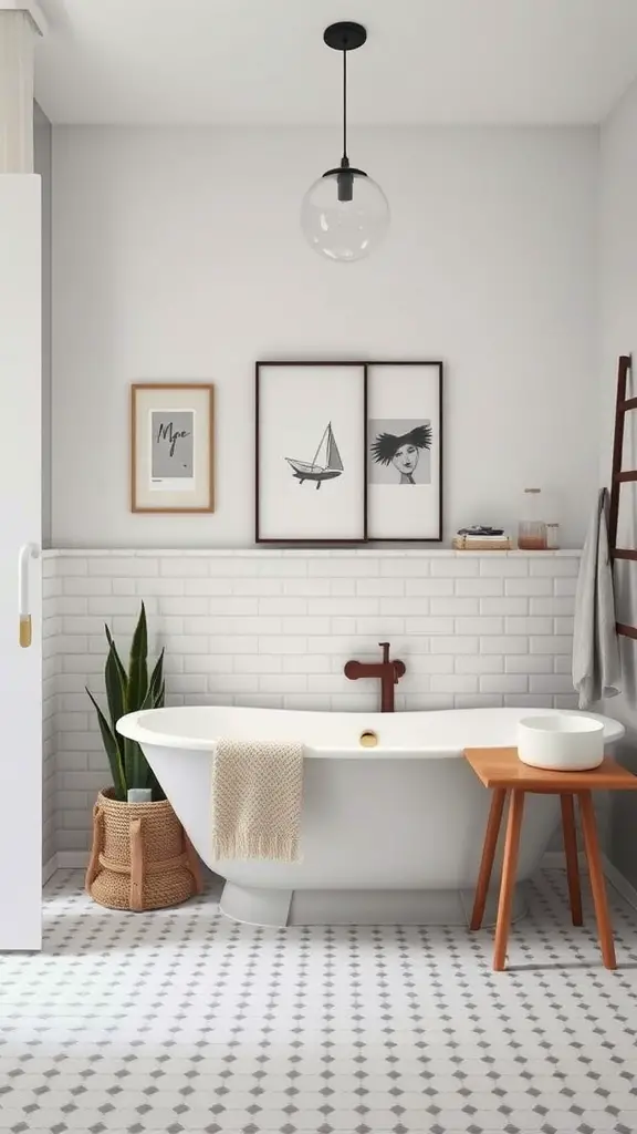 21 Stunning Scandinavian Bathroom Ideas You’ll Love 17 A minimalist Scandinavian bathroom with a freestanding bathtub, framed art, and potted plant.