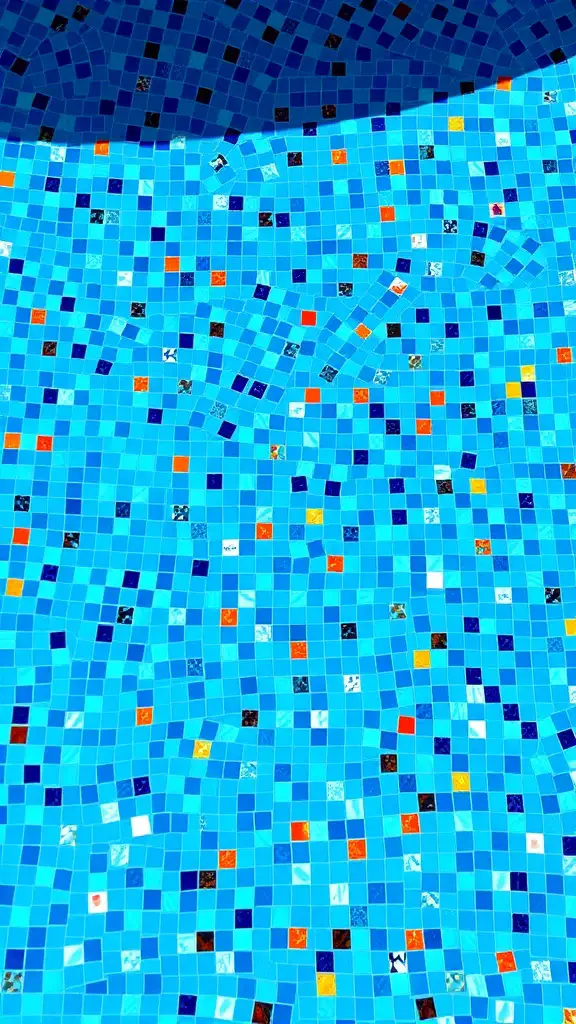 21 Creative Pool Patio Ideas to Elevate Your Outdoor Space 8 Artistic mosaic pool tiles in shades of blue, orange, black, and white, creating a vibrant pool floor design.