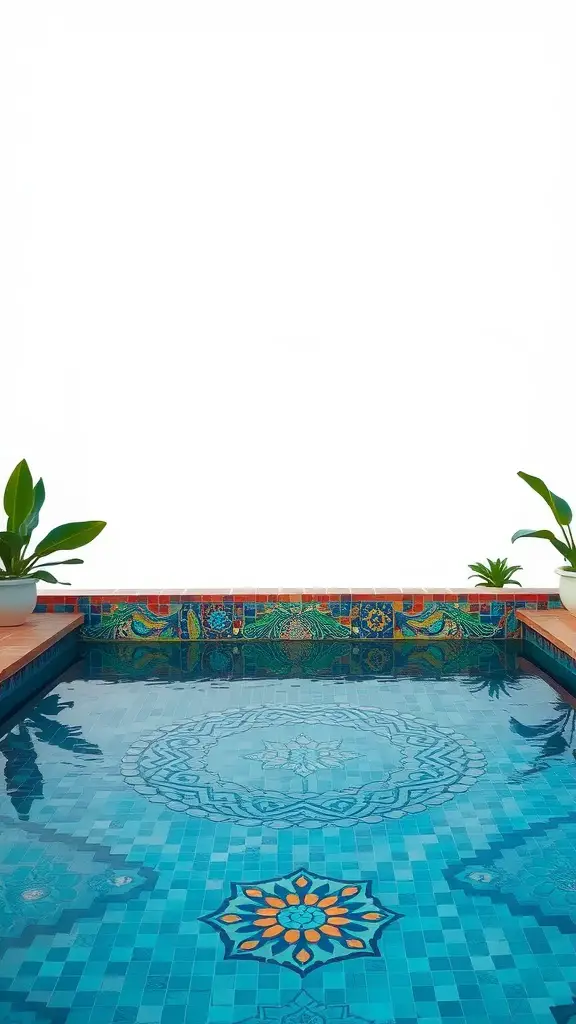 17 Stunning Pool Landscaping Ideas You’ll Love 11 A pool with artistic mosaic tile designs featuring vibrant blue tiles and intricate patterns, surrounded by greenery.