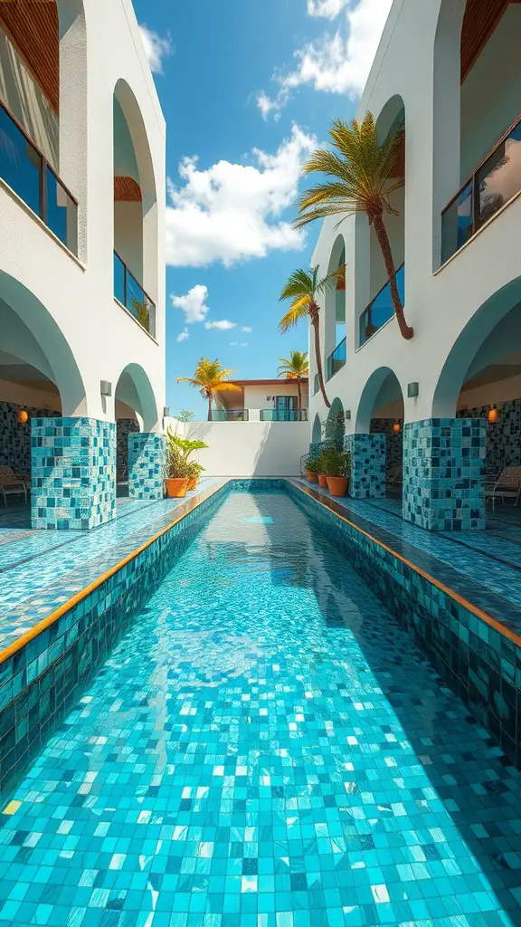 13 Dreamy Lazy River Pool Ideas for Your Backyard Transformation 15 A lazy river pool with artistic mosaic tile designs in different blue shades, surrounded by palm trees and contemporary architecture.