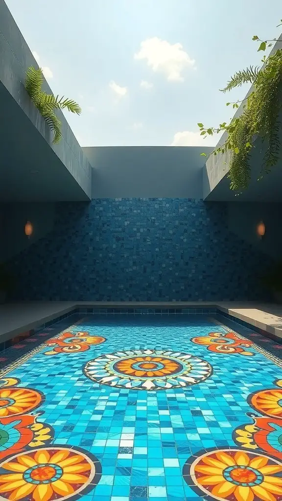 21 Stunning Backyard Pool Landscaping Ideas You Need to Try 15 A pool featuring artistic mosaic tile designs in vibrant colors.