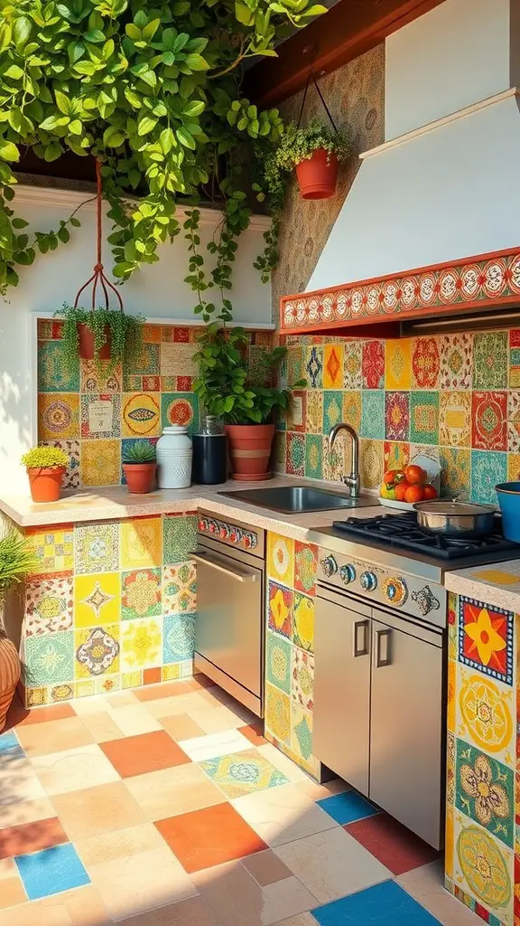 25 Stunning Outdoor Kitchen Flooring Ideas You’ll Love 11 A vibrant outdoor kitchen featuring artistic mosaic tiles in various patterns and colors.