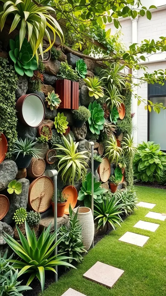23 Inspiring Backyard Layout Ideas for Your Outdoor Oasis 16 A vibrant artistic outdoor living wall featuring various plants and decor elements, enhancing the backyard layout.