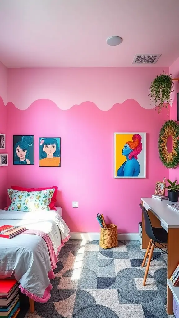 19 Dreamy Pink Dorm Room Ideas to Inspire Your Space 13 A pink dorm room featuring artistic wall murals and vibrant decor.