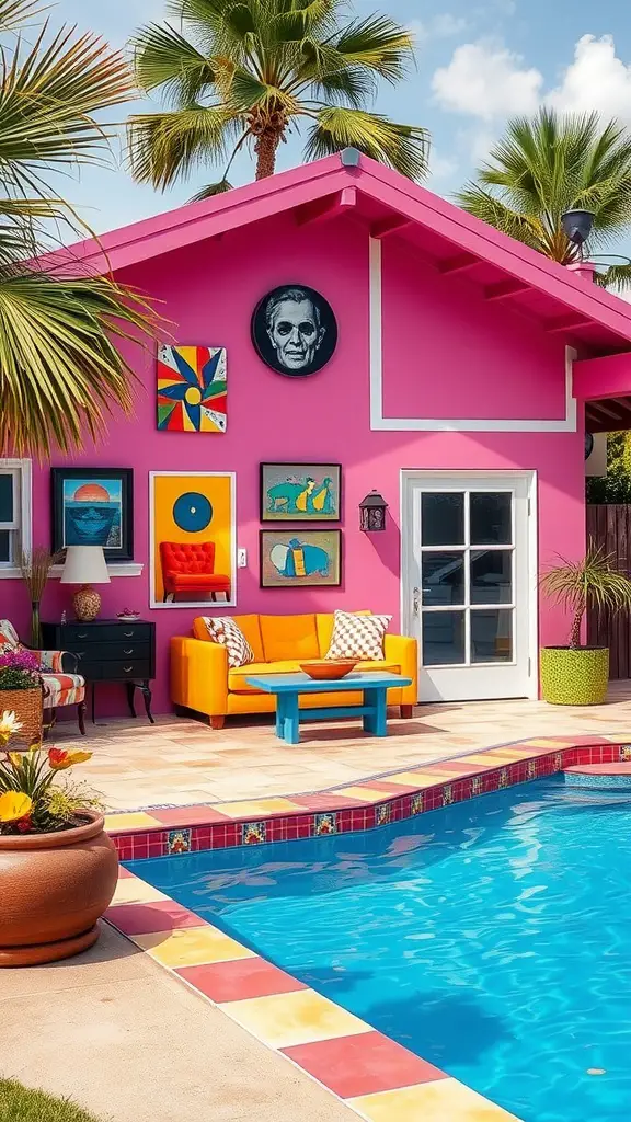 15 Stunning Pool House Ideas for Your Backyard Oasis 10 Vibrant pink pool house with colorful artwork, palm trees, and a sparkling pool