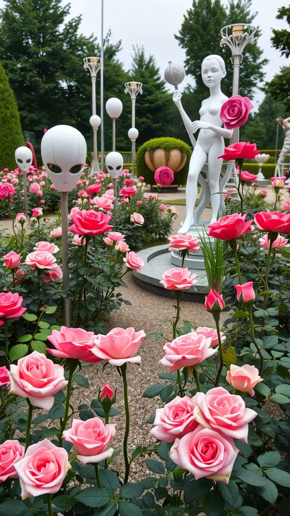29 Stunning Rose Garden Ideas to Elevate Your Outdoor Space 14 A rose garden featuring pink roses and modern white sculptures, including a girl holding a rose and alien-like heads on poles.