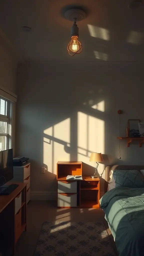 25 Dark Dorm Room Aesthetic Ideas for a Cozy and Chic Vibe 11 A cozy dorm room illuminated by a warm light fixture, casting creative shadows on the walls.