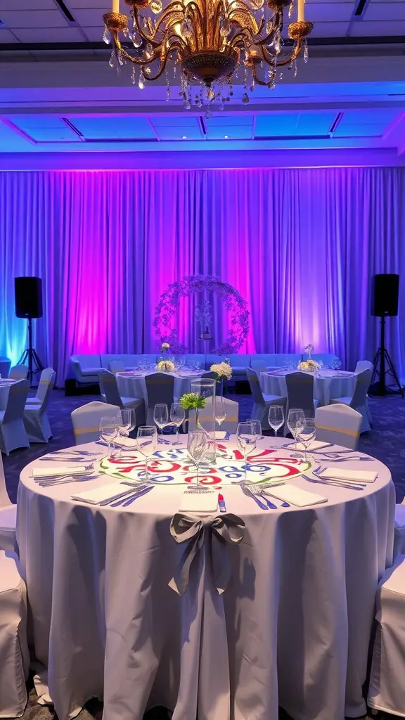 21 Stunning Wedding Table Decoration Ideas for a Dreamy Celebration 17 A wedding table arrangement featuring a colorful tablecloth, elegant dishes, and a charming floral centerpiece, with soft lighting creating a warm atmosphere.