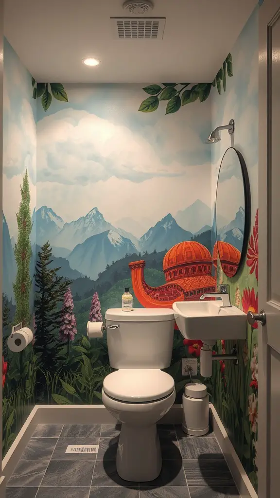 29 Funky Bathroom Ideas to Transform Your Space 10 A bathroom with a colorful mural of mountains and flowers, featuring a bright orange dome, creating a lively atmosphere.