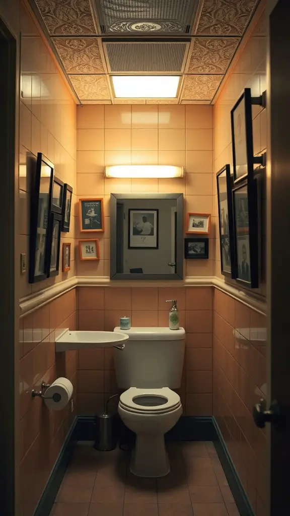 23 Creative College Bathroom Decor Ideas for a Stylish Space 10 A college bathroom with framed artwork on the walls, featuring orange frames and peach tiles.