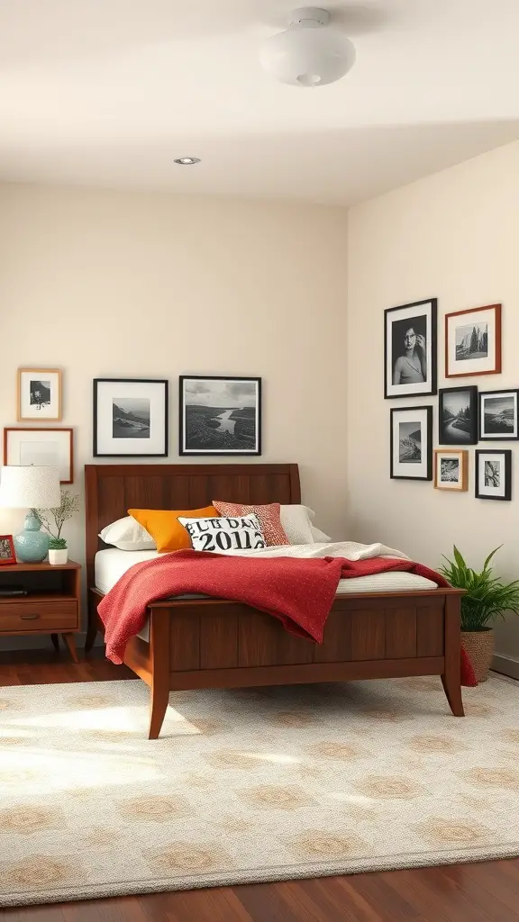 19 Cozy Master Bedroom Decor Ideas for Ultimate Comfort 4 Cozy master bedroom with artwork on the walls featuring framed photos and illustrations, a wooden bed, and warm bedding.
