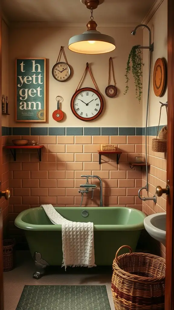 15 Fabulous 70s Bathroom Aesthetic Ideas to Inspire Your Renovation 10 A vintage 70s bathroom featuring an avocado green bathtub with claw feet, surrounded by peach tiles and retro decor.