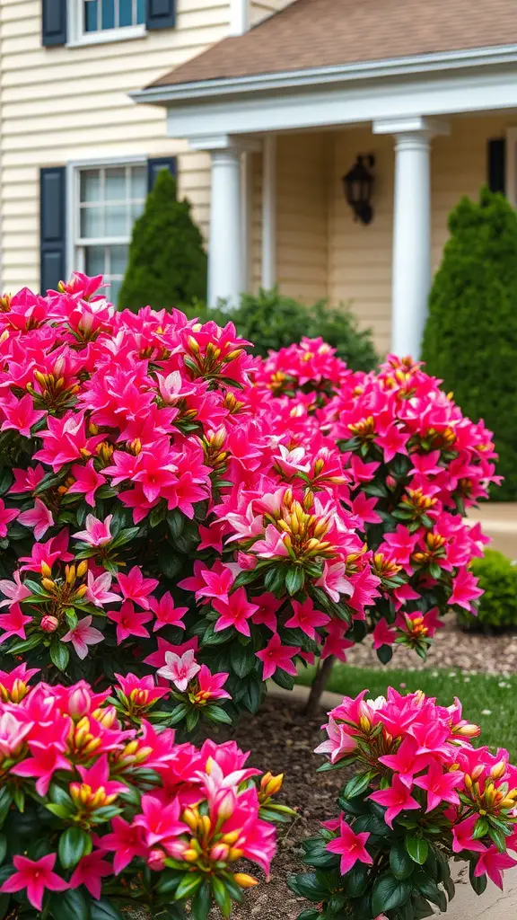 Bright pink azaleas in full bloom in front of a house