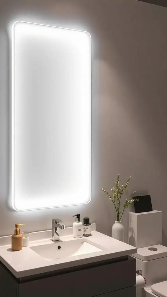 19 Stunning Bathroom Mirror and Lighting Ideas You’ll Love 9 Modern bathroom with a backlit mirror above a sleek sink, featuring minimalist decor.