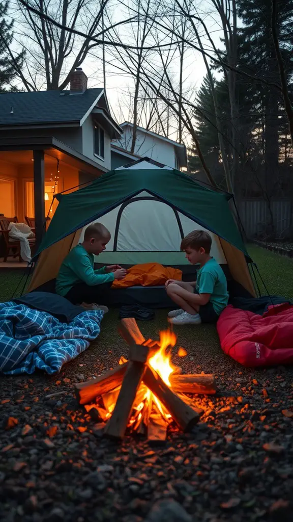 15 Fun Outdoor Activities for Kids to Enjoy 8 Two boys camping in the backyard, sitting in a tent near a campfire.