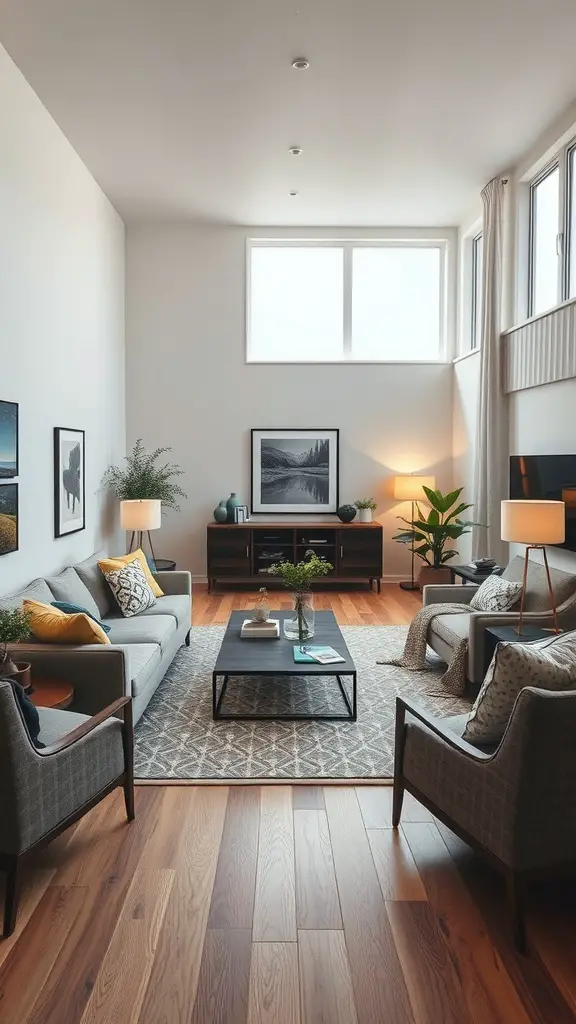 21 Cozy Living Room Ideas to Transform Your Space 15 A cozy living room with high ceilings, large windows, comfortable seating, and plants.