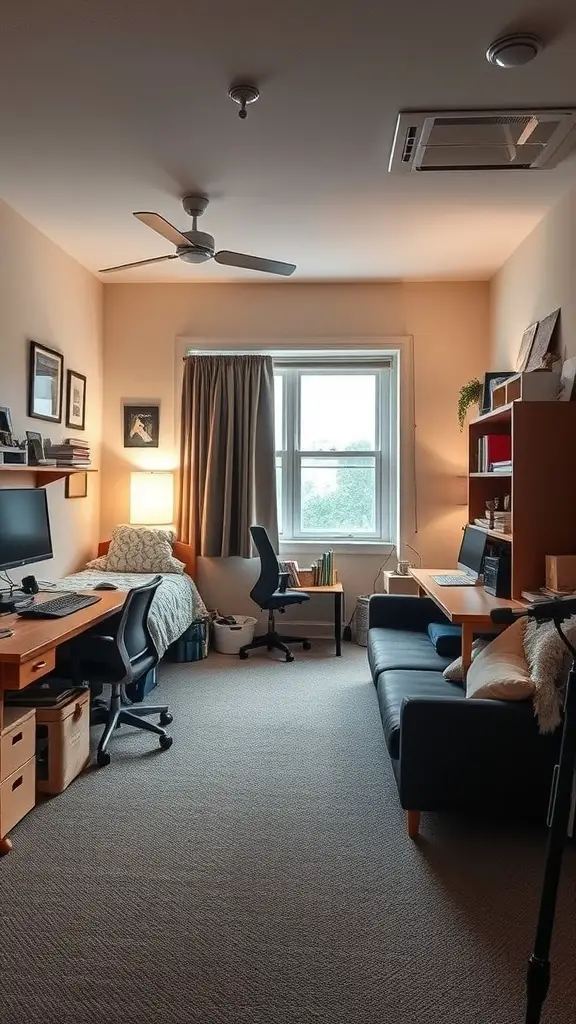 21 Creative Dorm Room Inspiration Ideas for College Students 13 A college dorm room featuring a bed, study desk, and cozy seating area, highlighting study and relaxation zones.