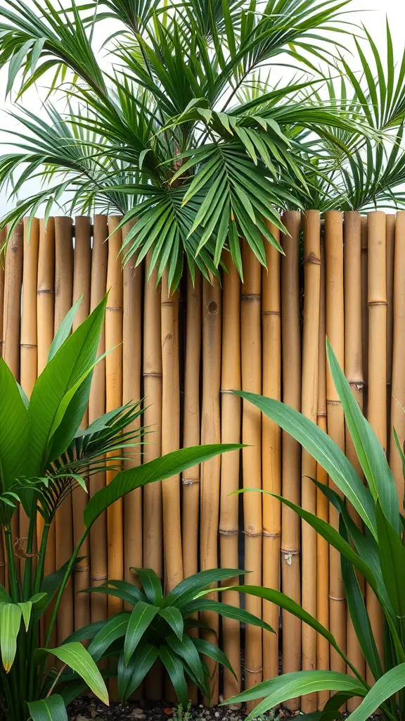 21 Creative Garden Fence Ideas to Transform Your Outdoor Space 11 A bamboo fence with tropical plants in front, showcasing natural beauty.