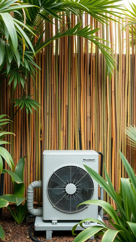 15 Creative Outdoor Ideas for AC Unit Covers 16 Bamboo fencing screen surrounding an outdoor air conditioning unit with green plants