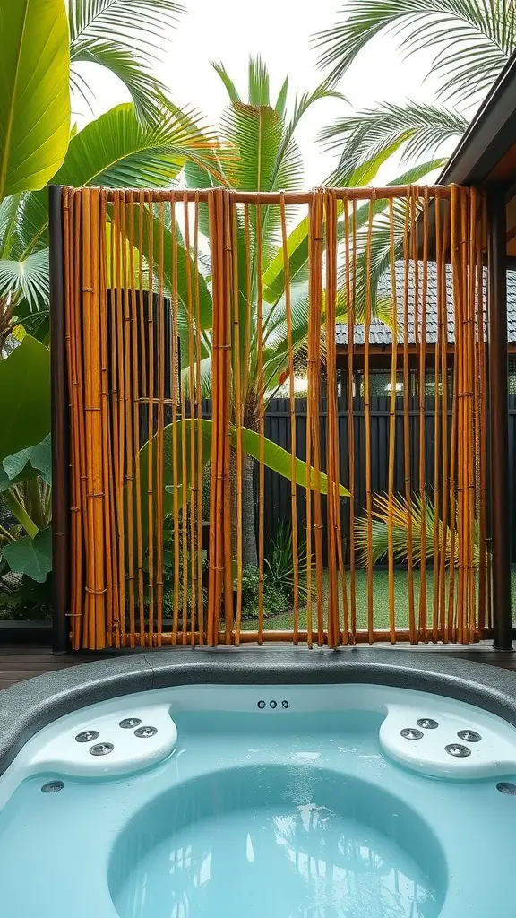 19 Creative Hot Tub Privacy Ideas for Ultimate Relaxation 2 Bamboo partitions surrounding a hot tub, providing privacy and a tropical feel.