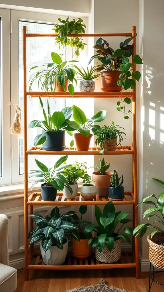 17 Creative Plant Stand Ideas to Elevate Your Greenery 15 A bamboo plant rack filled with various indoor plants, showcasing a vibrant display in a well-lit room.