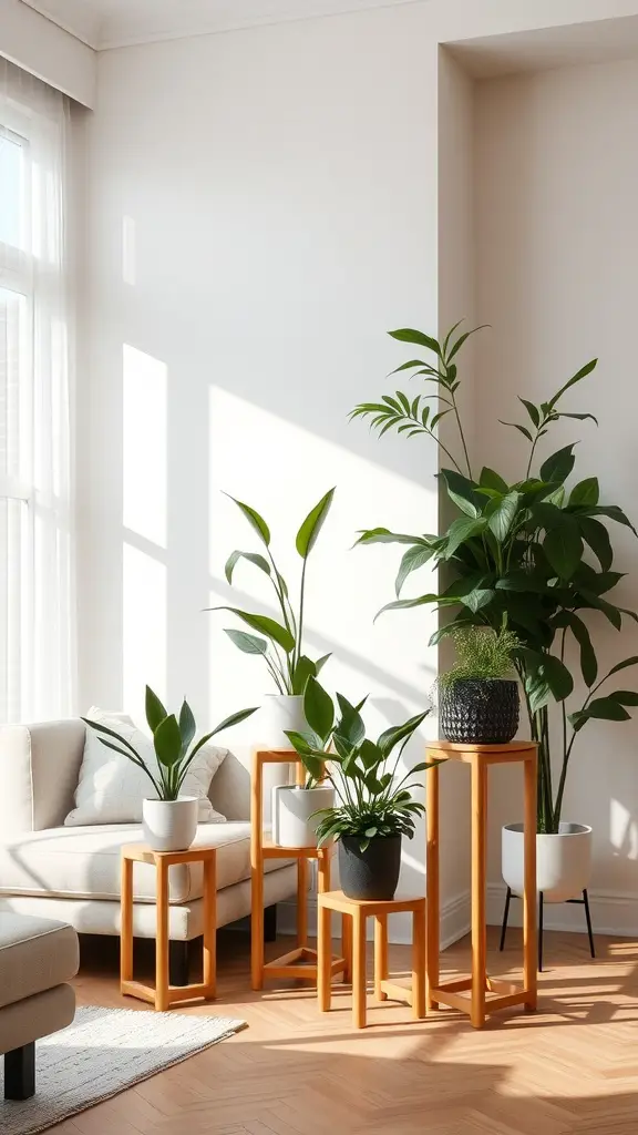 15 Stunning Indoor Flower Pot Ideas for Your Home 17 A cozy living space with bamboo planter stands displaying various indoor plants.
